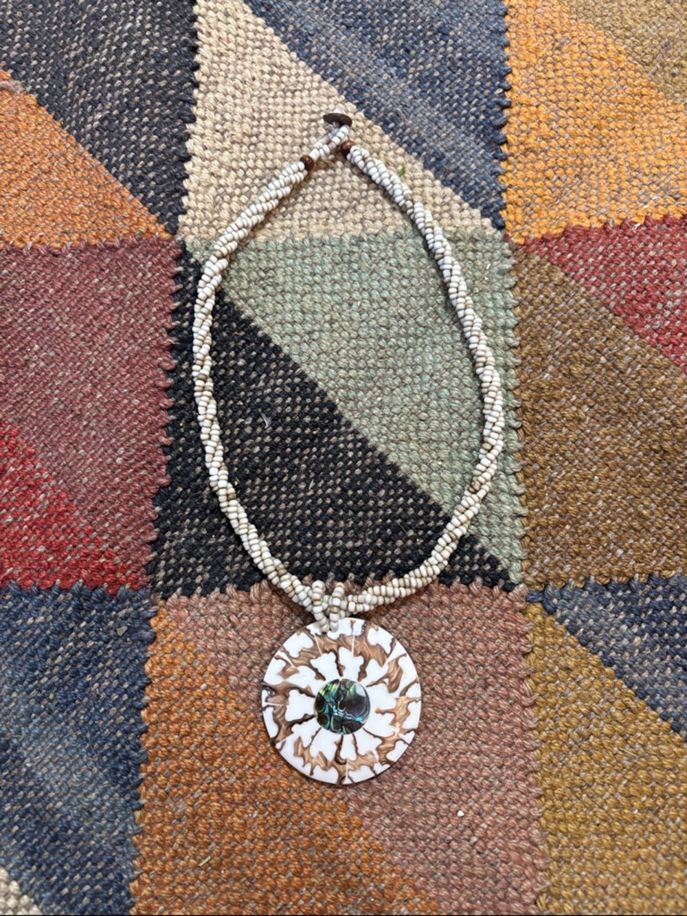 Handcrafted White Beaded Pendant Necklace with Abalone Accent